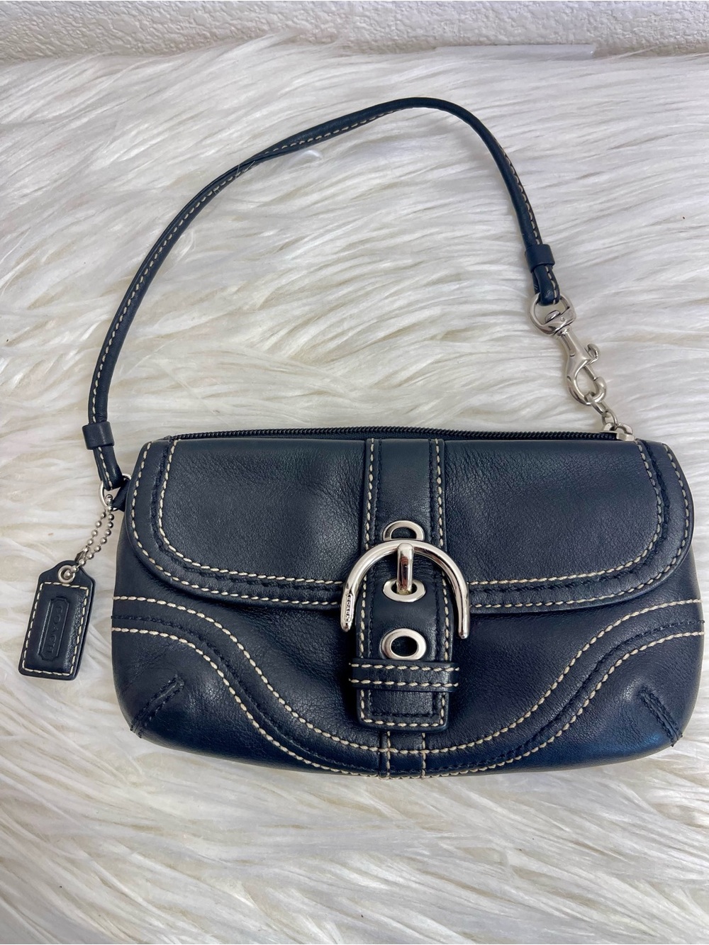 Coach Soho Black Leather Wristlet Clutch with Contrasting White Stitching